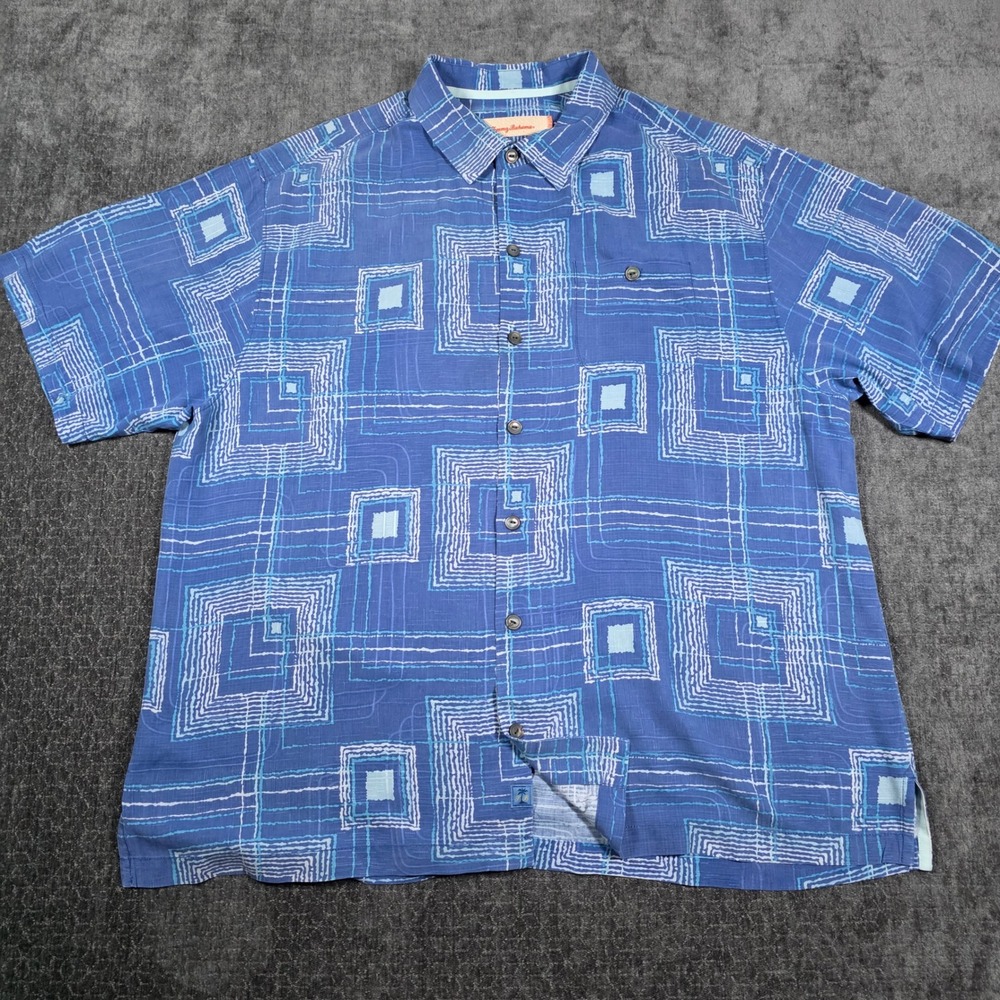 Tommy Bahama Mens XL Silk Short Sleeve Button Up Shirt Blue Geometric Tiki Aloha